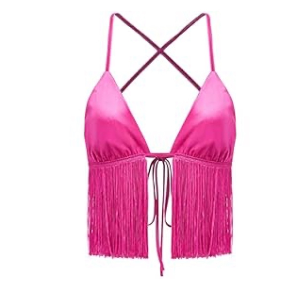 Outfits Backless Fringe Sleeveless Satin Crop Going Out Top Clubwear